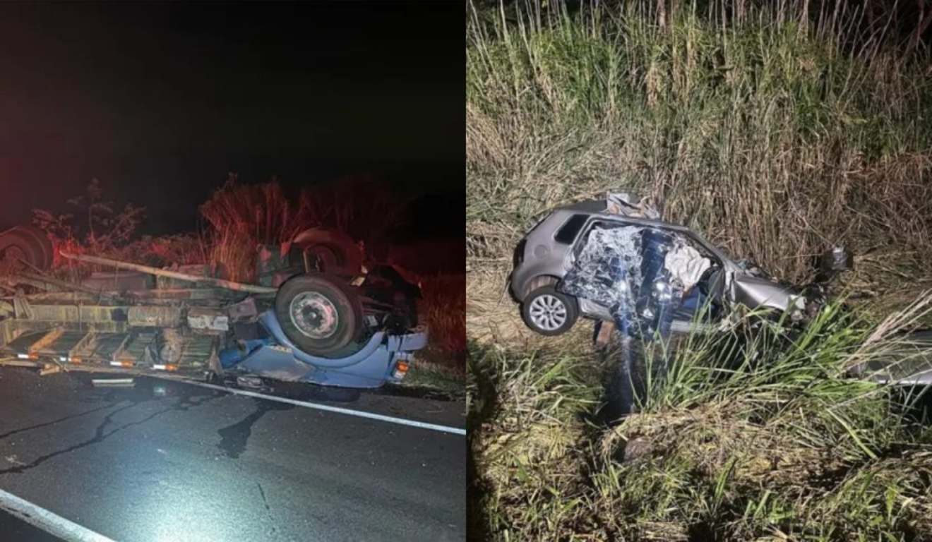 colagem com fotos do acidente entre um carro e um caminhão em arapongas
