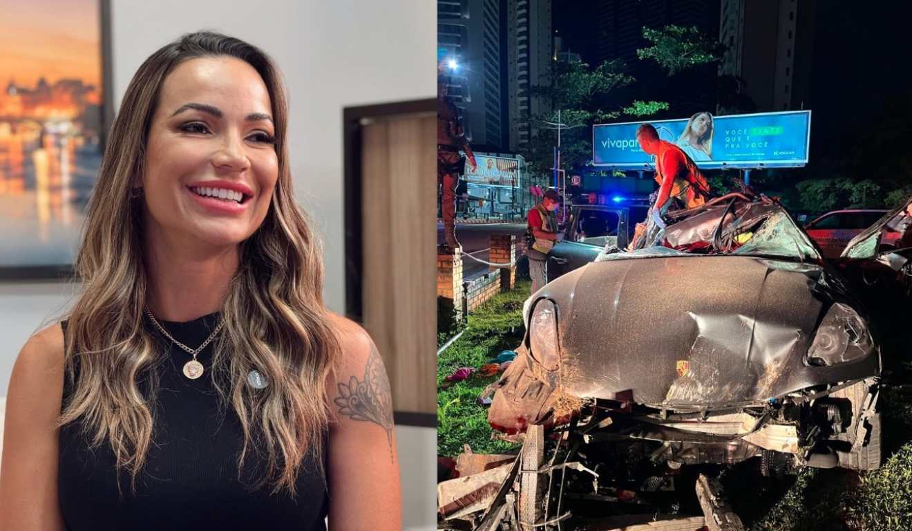 colagem com fotos de Aline Dalmolin e acidente que a matou
