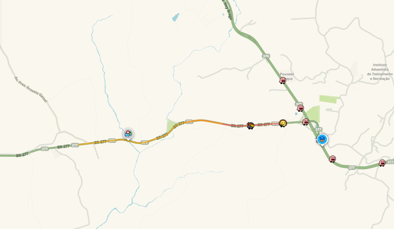 Mapa mostra trânsito na BR-277 após acidente com caminhões em Balsa Nova