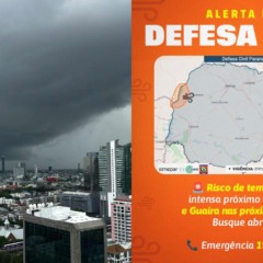 colagem com alerta da defesa civil para tempestades no paraná