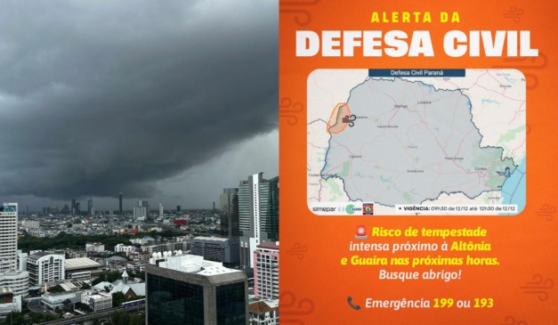 colagem com alerta da defesa civil para tempestades no paraná