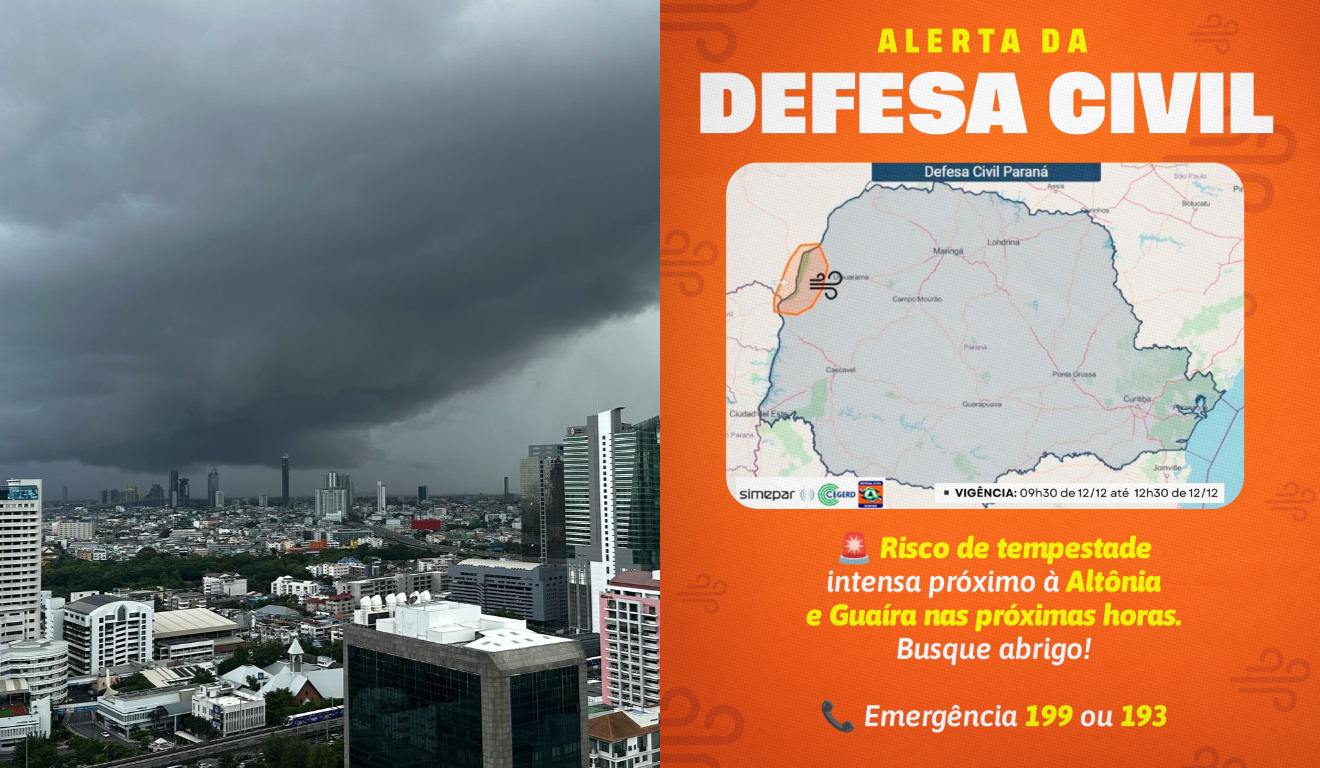 colagem com alerta da defesa civil para tempestades no paraná