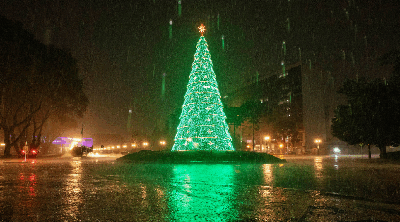 árvore de natal iluminada na avenida candido de abreu, em curitiba, de baixo de chuva e a noite