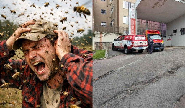 Imagem gerada por inteligência artificial mostra homem sendo atacado por abelhas. Ele foi socorrido por ambulância.