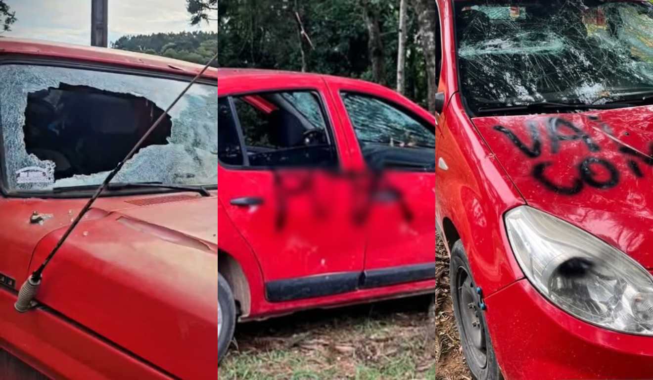 Montagem com três fotos de carros destruídos durante briga de família em São José dos Pinhais