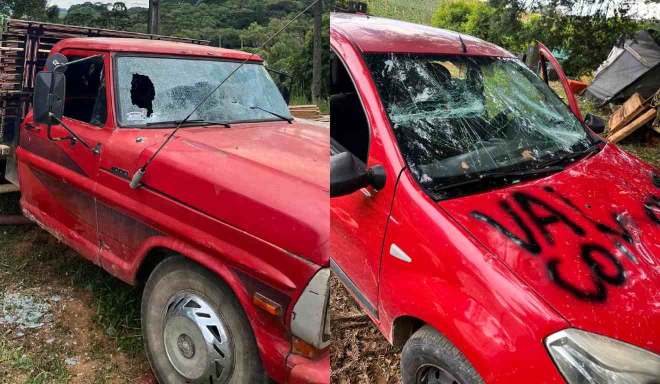 Montagem com fotos dos carros destruídos durante briga de família