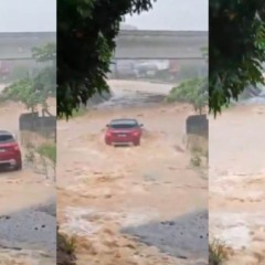 Sequência de fotos mostra carro que levava casal e bebê de um ano ser levado pela enxurrada.