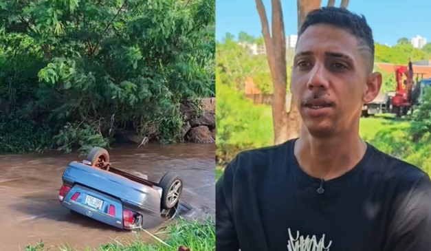 Carro ficou submerso em rio após capotar em Toledo. motoboy William Santiago ajudou a salvar passageiros