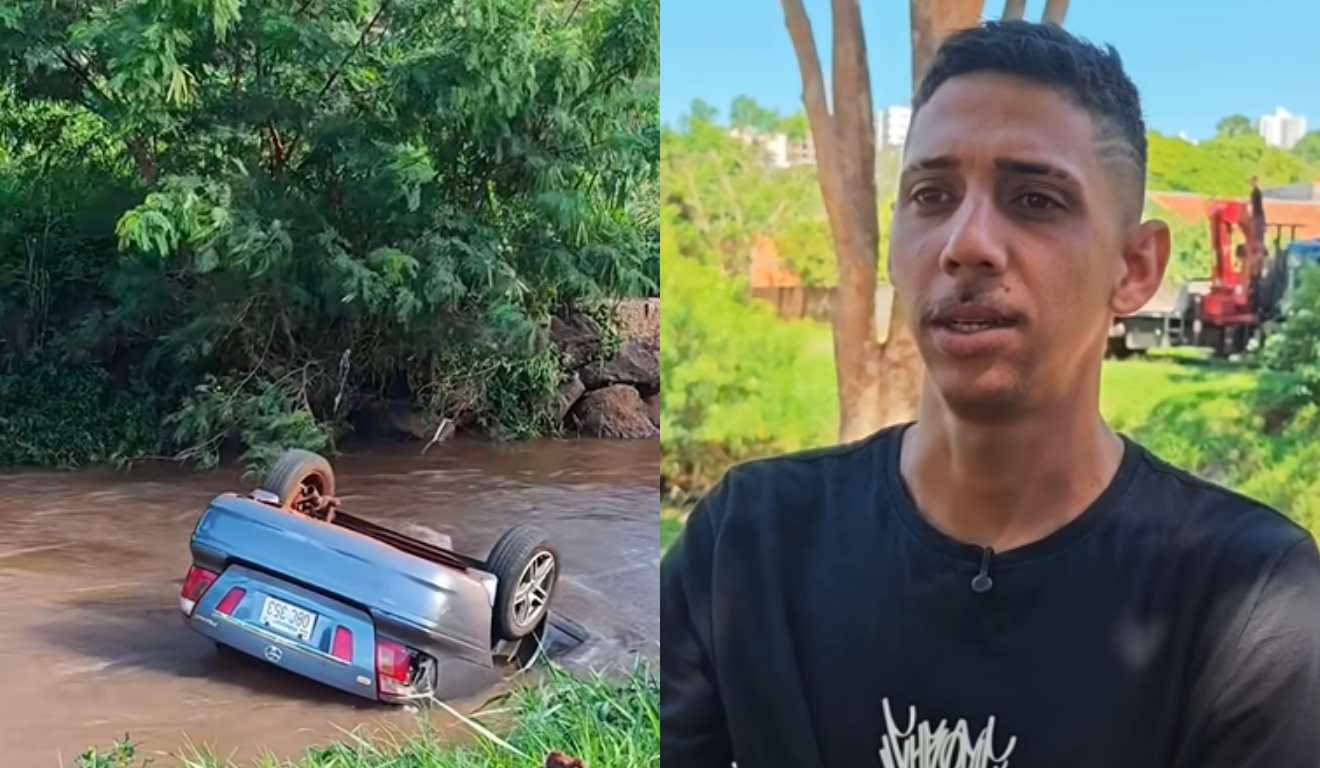 Carro ficou submerso em rio após capotar em Toledo. motoboy William Santiago ajudou a salvar passageiros