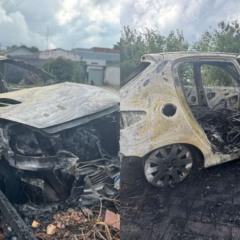 colagem com fotos de como ficou um carro que pegou fogo em cascavel