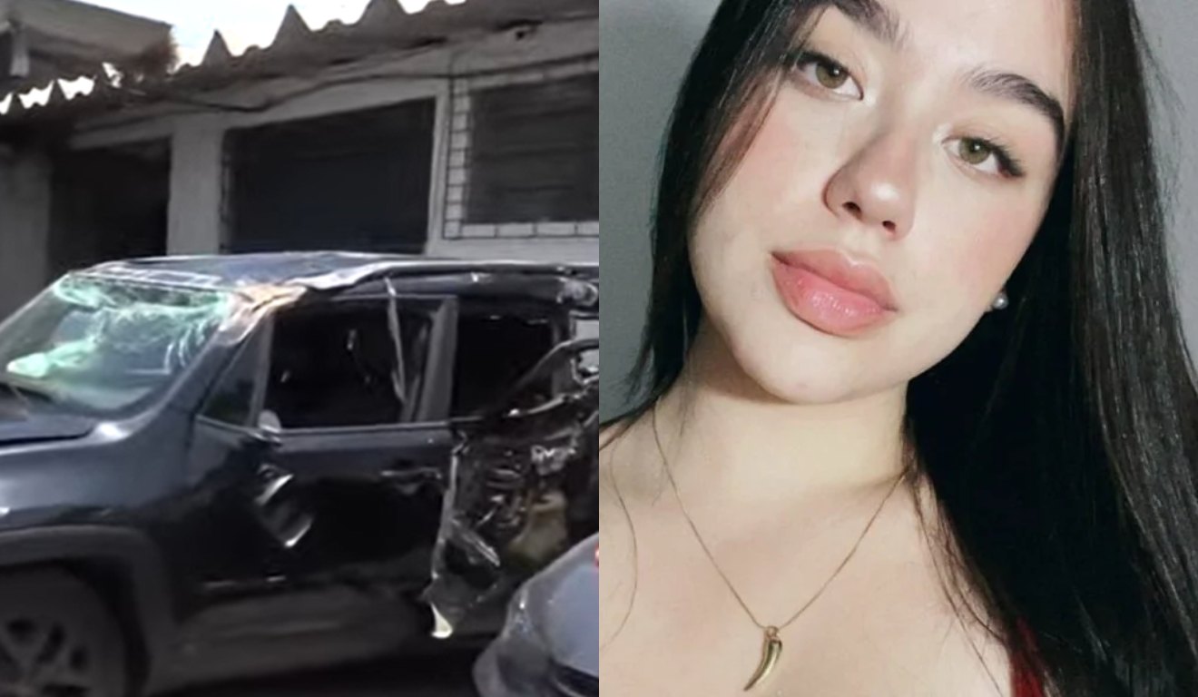 colagem com foto do carro após acidente que matou izabelle tremarin