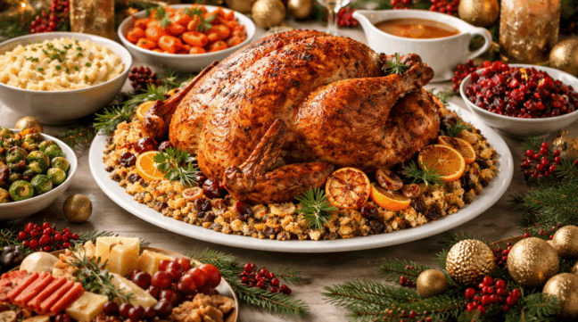 ceia de natal completa, com peru a gengibirra recheado com farofa e uvas passas. Na mesa também tem enfeites de natal, como pedaços de guirlandas e bolas de decoração de árvore de natal