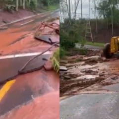 asfalto arrancado devido a chuva forte