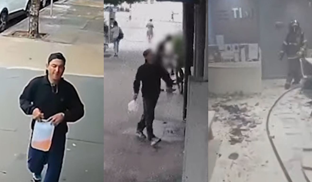 Colagem de imagens mostram que homem comprou gasolina e voltou à loja de celulares para atear fogo