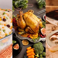 Colagem com comidas.