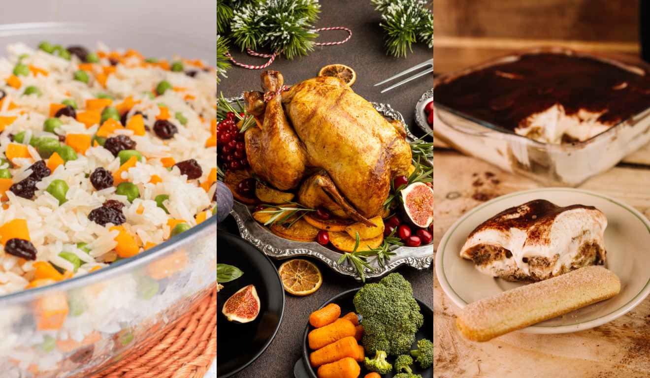 Colagem com comidas.