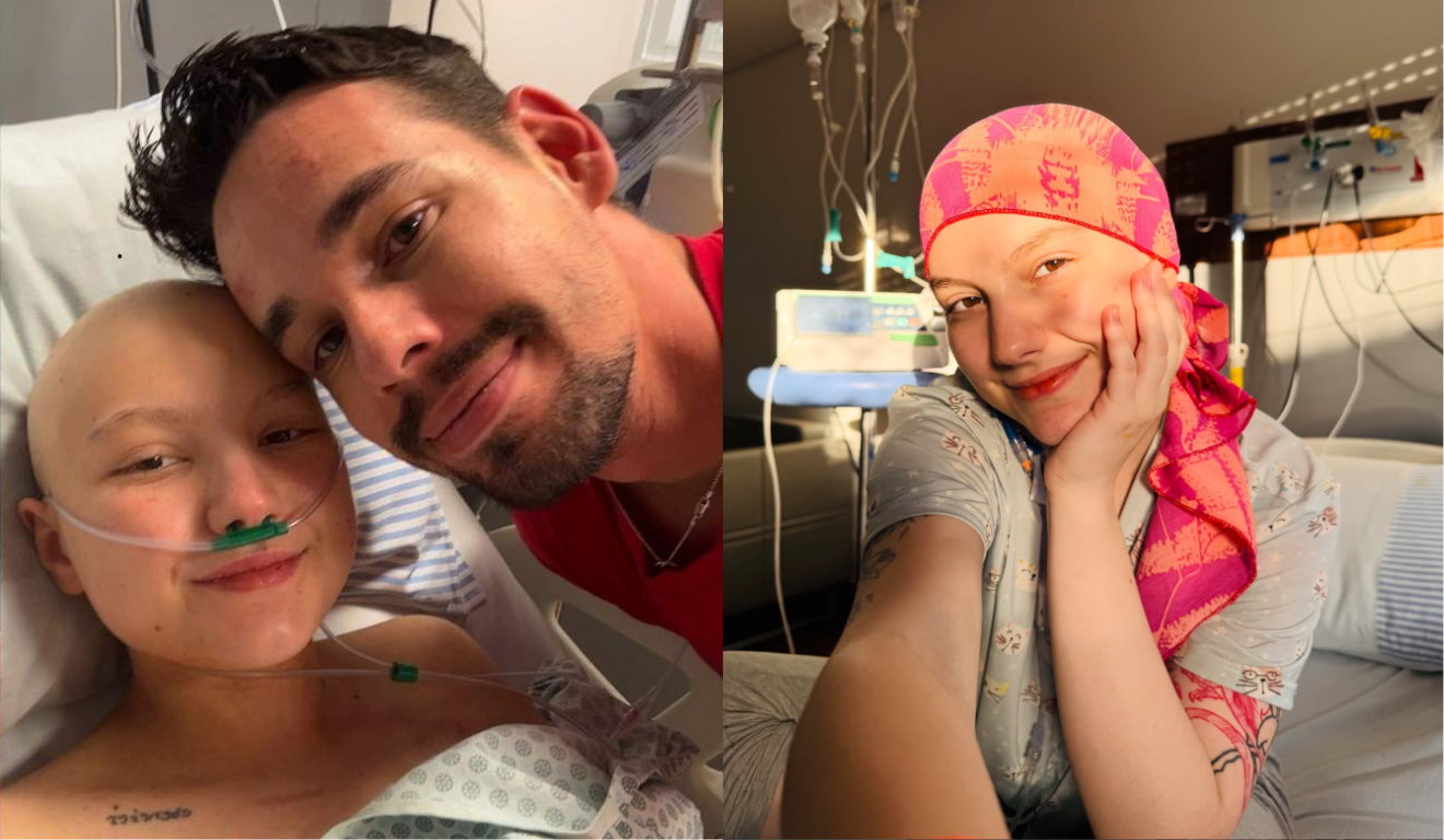 À esquerda, Lucas Borbas e Isabel Veloso em selfie. Ela está em uma cama de hospital. À direita, Isabel Veloso está com um turbante rosa; recentemente, um conflito da família da influenciadora foi exposto nas redes sociais.