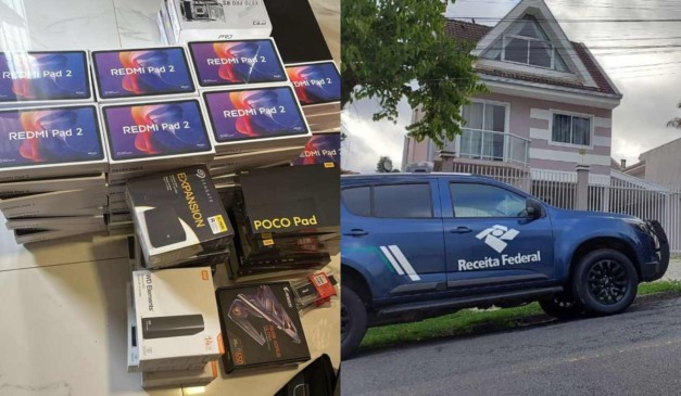 Montagem com fotos de produtos apreendidos em operação da PCPR e de uma viatura da Receita Federal durante a ação