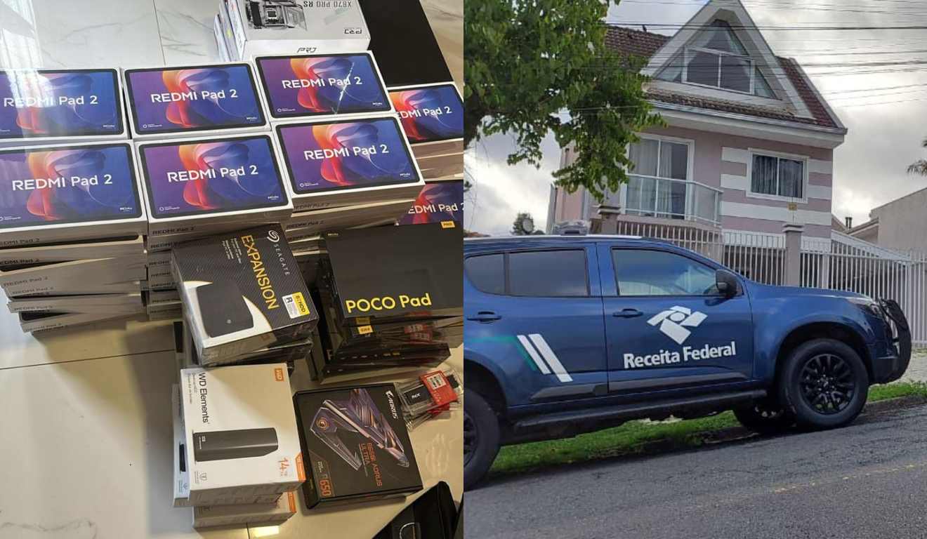 Montagem com fotos de produtos apreendidos em operação da PCPR e de uma viatura da Receita Federal durante a ação
