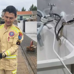 Bombeiros segurando cobra e cobra andando em tanque de casa