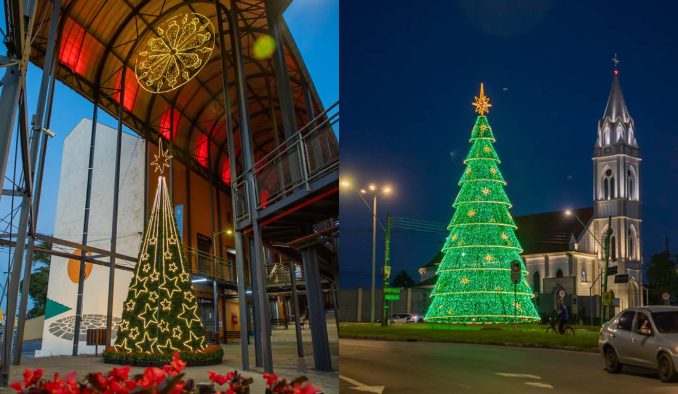 colagem com fotos da decoração de natal de curitiba