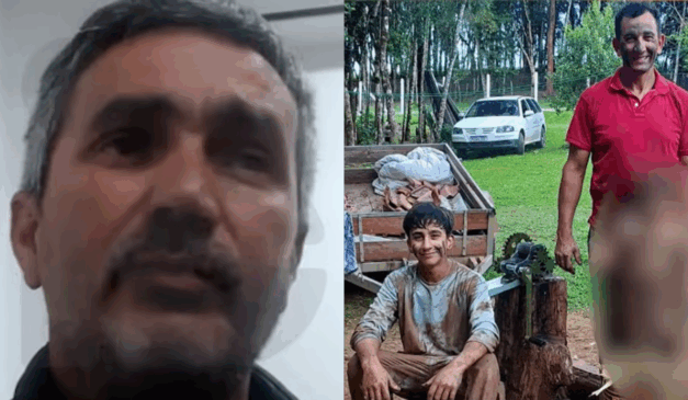 À esquerda, Paulo Cesar da Silva, denunciado por matar pai e filho e que está internado em hospital psiquiátrico. À direita, Claudecir e Felipe Willyan Cardoso. Claudecir é um homem branco de cabelo preto e usa uma camiseta vermelha. Felipe é um garoto branco de cabelo preto e usa uma camiseta cinza. Ambos estão com o rosto pintado de lama.