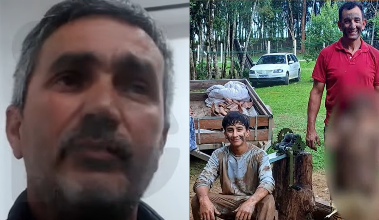 À esquerda, Paulo Cesar da Silva, denunciado por matar pai e filho e que está internado em hospital psiquiátrico. À direita, Claudecir e Felipe Willyan Cardoso. Claudecir é um homem branco de cabelo preto e usa uma camiseta vermelha. Felipe é um garoto branco de cabelo preto e usa uma camiseta cinza. Ambos estão com o rosto pintado de lama.