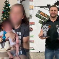 Colagem de fotos do atirado esportivo Walter Berger com a esposa e o filho recém-nascido