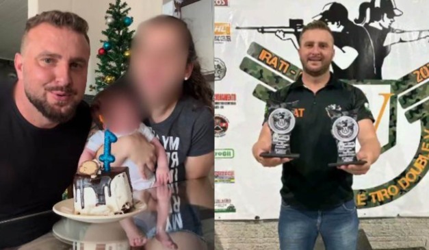 Colagem de fotos do atirado esportivo Walter Berger com a esposa e o filho recém-nascido