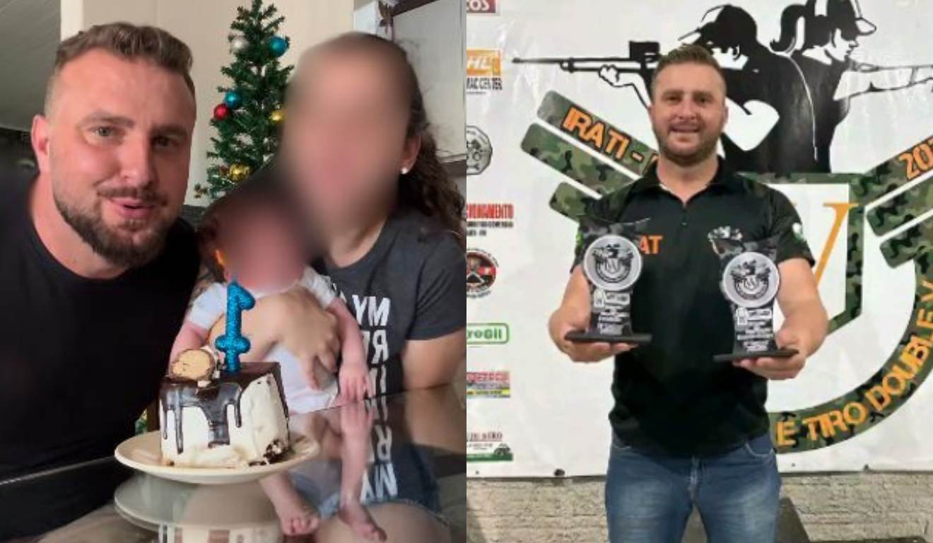 Colagem de fotos do atirado esportivo Walter Berger com a esposa e o filho recém-nascido