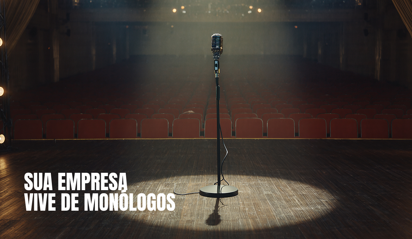 imagem gerada por Ia com um microfone de standup no meio do palco de um teatro
