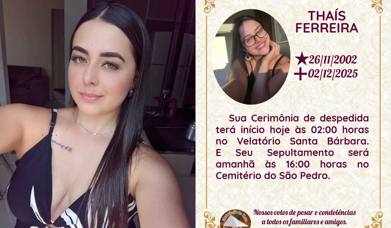 Montagem com duas fotos de Thais Ferreira, sendo uma delas o informativo sobre as cerimônias de despedida