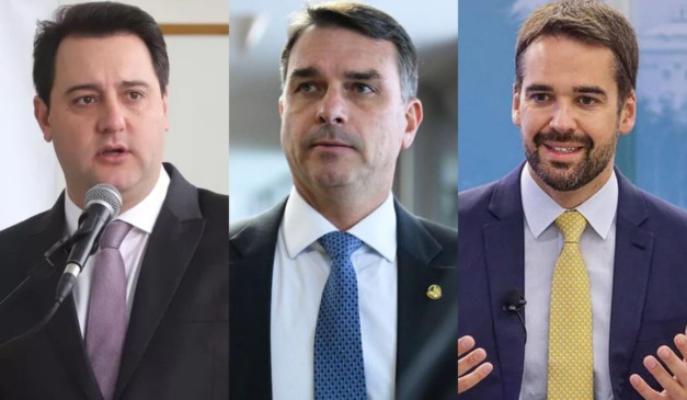 Montagem com fotos de Ratinho Jr, Flávio Bolsonaro e Eduardo Leite