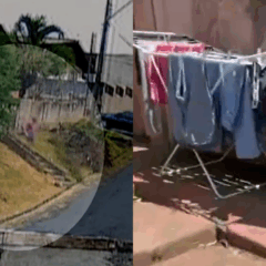 À esquerda, momento em que as câmeras de seguranças flagram o homem que furta calcinhas em Campo Largo. À direita, vemos um varal com roupas penduradas na residência.