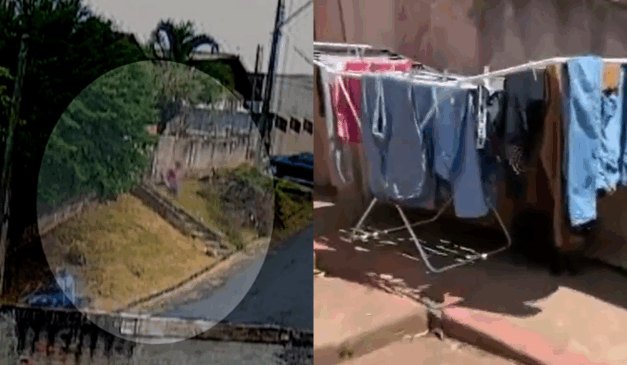 À esquerda, momento em que as câmeras de seguranças flagram o homem que furta calcinhas em Campo Largo. À direita, vemos um varal com roupas penduradas na residência.