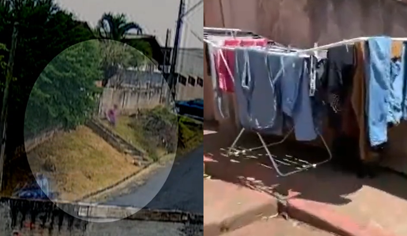 À esquerda, momento em que as câmeras de seguranças flagram o homem que furta calcinhas em Campo Largo. À direita, vemos um varal com roupas penduradas na residência.