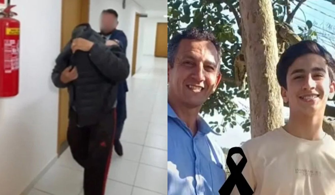 colagem com fotos do assassino e das vítimas  Claudecir Costa Lima, de 52 anos, e do filho dele, Felipe Willyan Cardoso