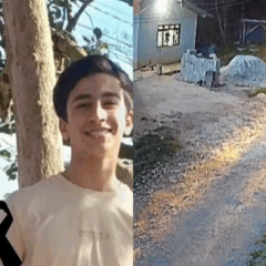 À esquerda, vemos Claudecir e Felipe. Claudecir é um homem branco de cabelo cinza e usa uma camisa azul. Felipe é um garoto branco de cabelo preto e usa uma camiseta amarela. À direita, vemos a imagem da câmera de segurança, com o momento em que o homem teria assassinado pai e filho por intolerância religiosa.