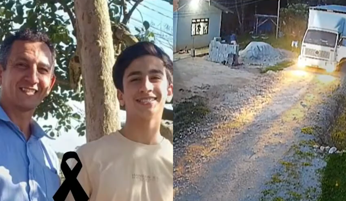 À esquerda, vemos Claudecir e Felipe. Claudecir é um homem branco de cabelo cinza e usa uma camisa azul. Felipe é um garoto branco de cabelo preto e usa uma camiseta amarela. À direita, vemos a imagem da câmera de segurança, com o momento em que o homem teria assassinado pai e filho por intolerância religiosa.