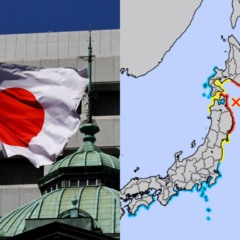 Colagem de fotos com bandeira do Japão tremulando e o mapa do país com áreas em alerta de tsunami