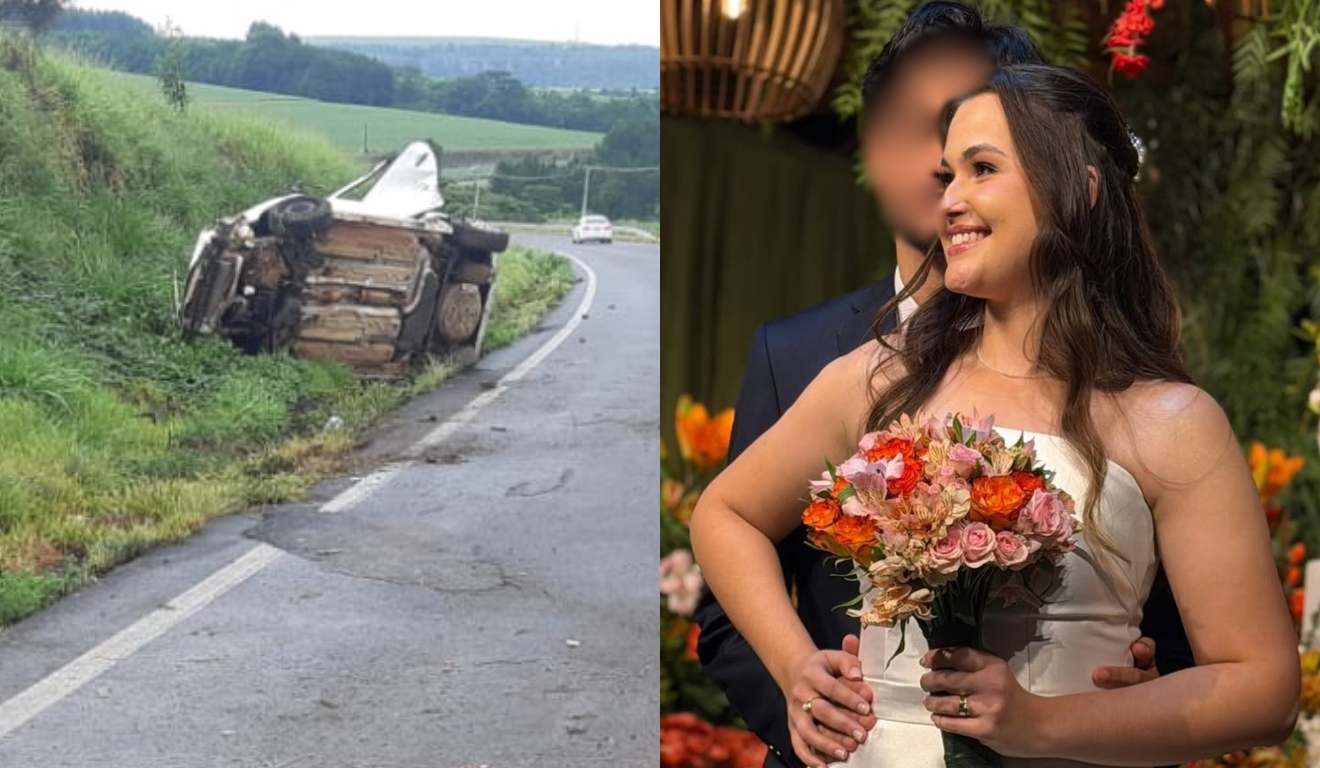 Montagem com duas fotos, a primeira mostra o acidente e a segunda Samara Martins de noiva