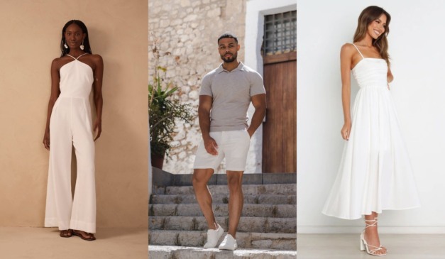 Três opções de looks para o Réveillon. À esquerda, uma mulher negra utilizando um macacão branco. Ao centro, um homem negro com camiseta cinza e bermuda branca. À direita, uma mulher branca com um vestido branco.