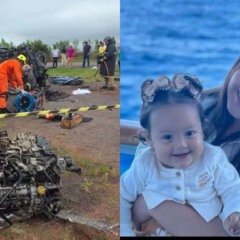 Montagem com fotos do acidente na BR-487 e de mãe e filha que morreram