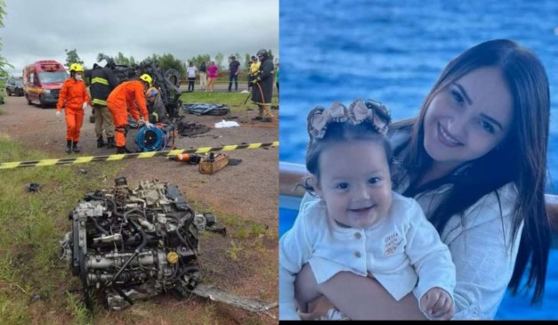 Montagem com fotos do acidente na BR-487 e de mãe e filha que morreram