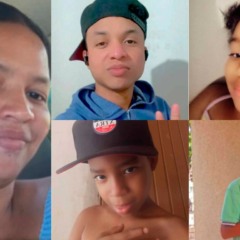 Montagem com fotos da mãe e dos quatro filhos que morreram na PR-490