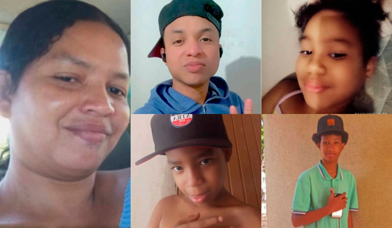 Montagem com fotos da mãe e dos quatro filhos que morreram na PR-490