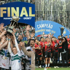 À esquerda, vemos o Coritiba comemorando o título do Campeonato Paranaense de 2022; o time é o maior campeão da história do Campeonato Paranaense. À direita, vemos o Athletico levantando a taça do Campeonato Paranaense 2024; o time é o segundo maior vencedor da históra do torneio.
