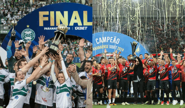 À esquerda, vemos o Coritiba comemorando o título do Campeonato Paranaense de 2022; o time é o maior campeão da história do Campeonato Paranaense. À direita, vemos o Athletico levantando a taça do Campeonato Paranaense 2024; o time é o segundo maior vencedor da históra do torneio.