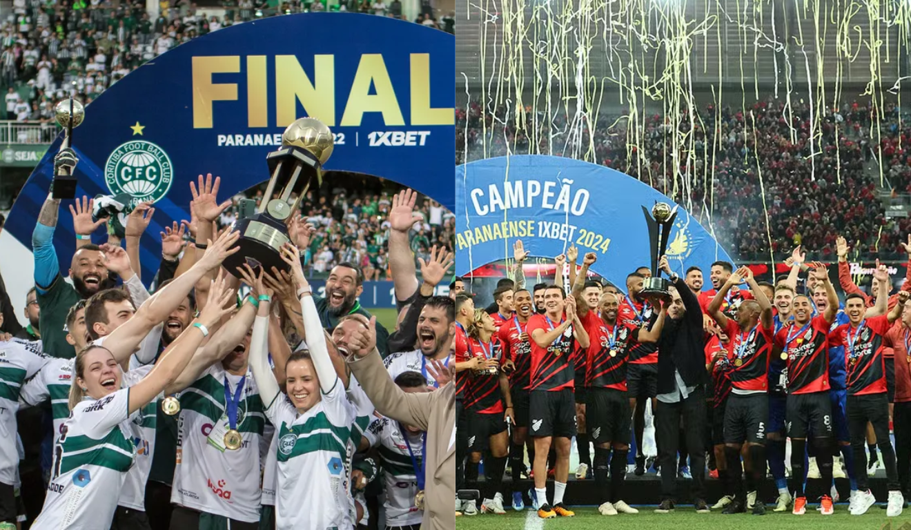 À esquerda, vemos o Coritiba comemorando o título do Campeonato Paranaense de 2022; o time é o maior campeão da história do Campeonato Paranaense. À direita, vemos o Athletico levantando a taça do Campeonato Paranaense 2024; o time é o segundo maior vencedor da históra do torneio.