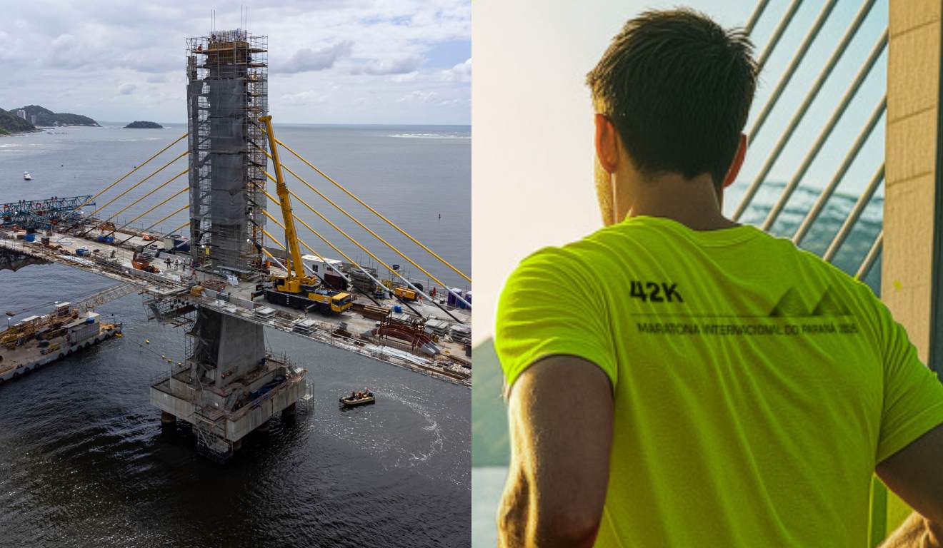 colagem com fotos da ponte de guaratuba e atleta correndo sobre ponte